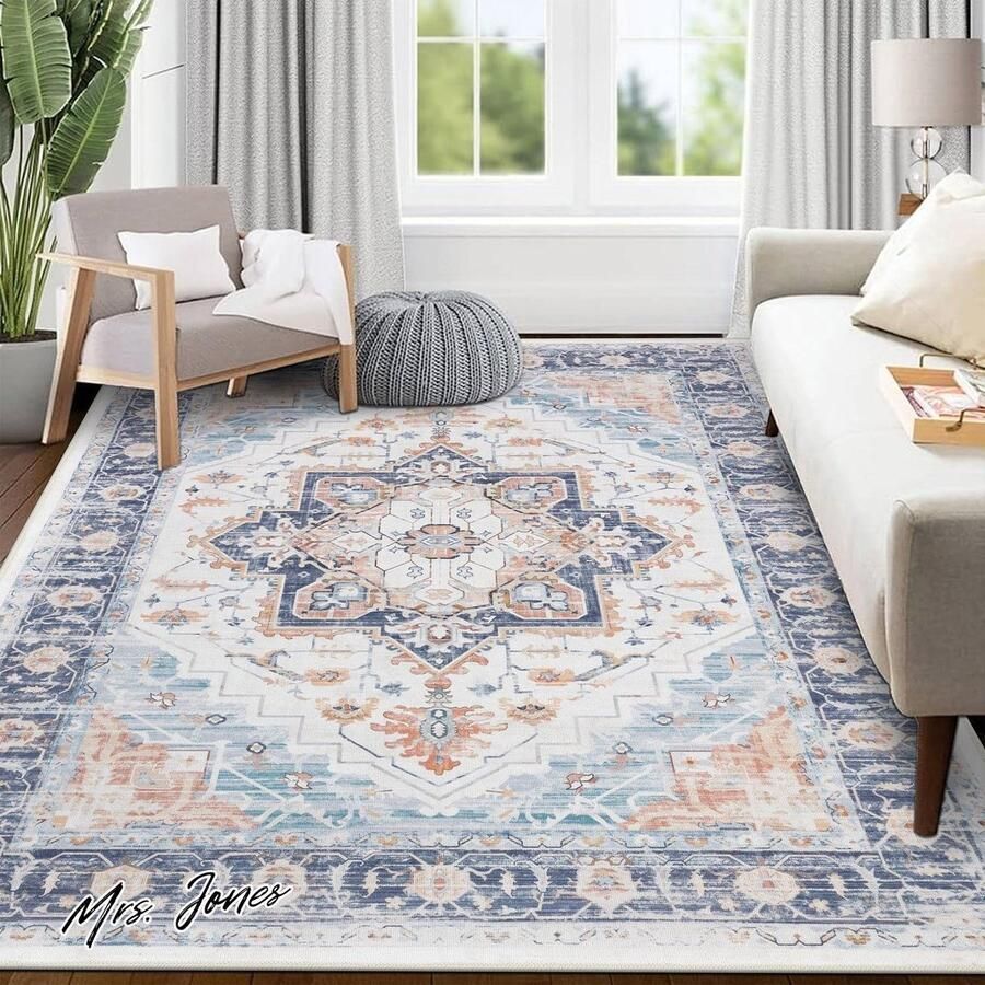 Mrs. Jones Vintage wasbaar vloerkleed 160 x 230 cm slipvast vloerkleed voor woonkamer slaapkamer boho keuken eetkamer blauw