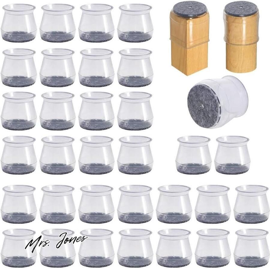 Mrs. Jones Vloerbeschermers voor stoelpoten 32-delige transparante siliconen stoelpootdoppen met viltkussens schuifregelaars voor meubels Tafelstoelvoeten voor hardhouten tegelvloeren…