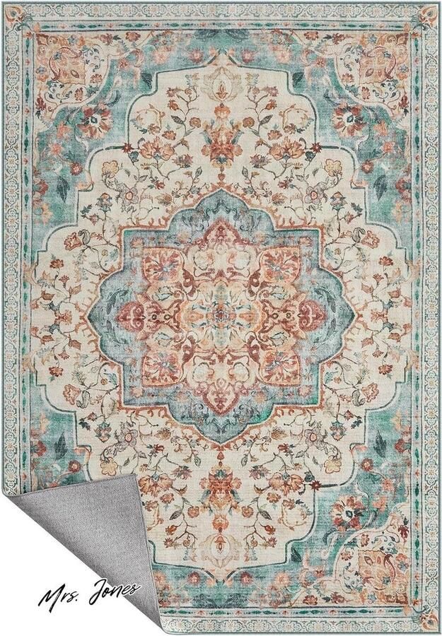 Mrs. Jones Vloerkleed 120 x 170 cm Antisliptapijt Traditionele vintage stijl Woonkamer Keuken Hall Eetkamer Machinewasbaar Aquamarijn