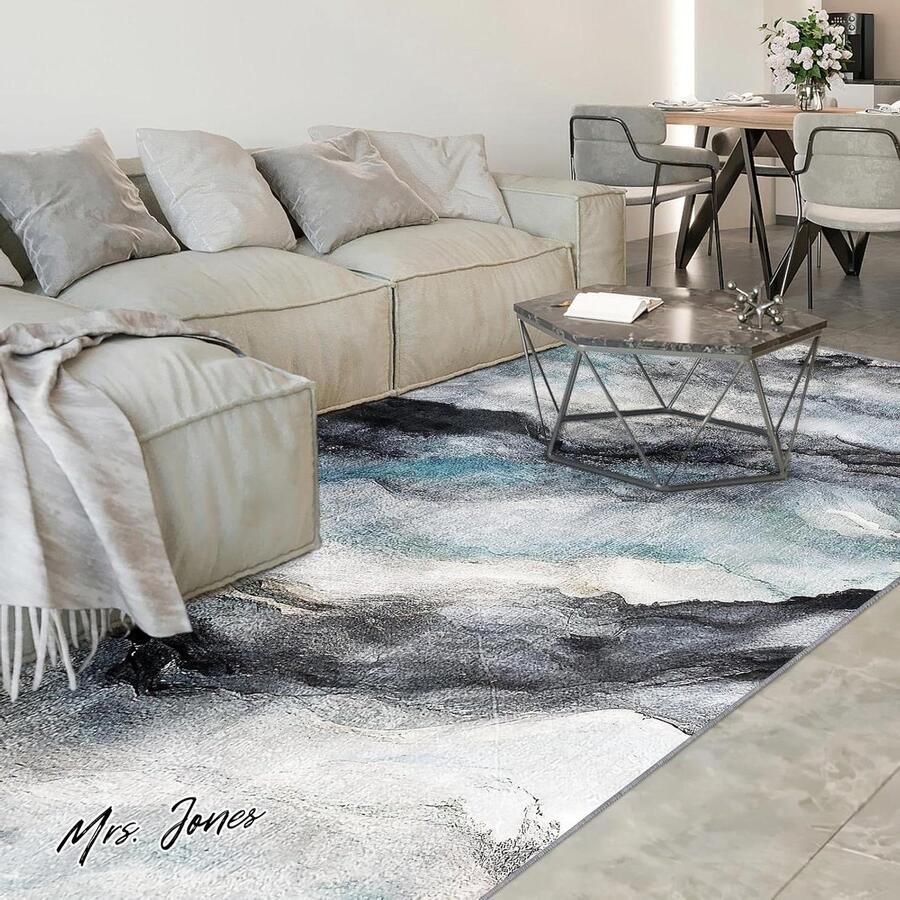 Mrs. Jones Vloerkleed gebied laagpolig zacht antislip wasbaar woonkamertapijt wollig slaapkamer tapijt abstractie voor entree werkkamer blauw 200 x 300 cm