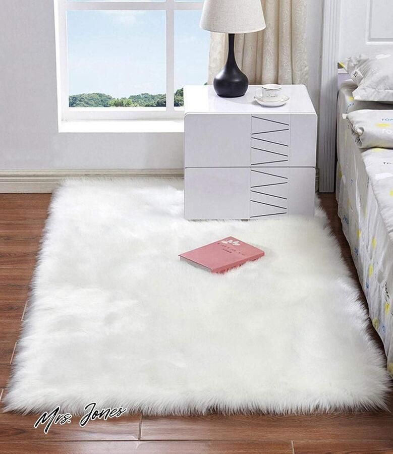 Mrs. Jones Vloerkleed Imitatiebont Schapenvacht Tapijt voor Slaapkamers Woonkamer Wit 60x120 cm Langharig-Zacht-Qualiteit