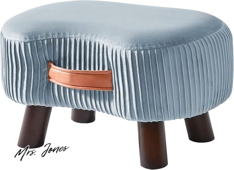 Mrs. Jones Voetkruk zitbank met handvat gebogen opstapkruk zacht zitkussen fluweel massief hout woonkamer kinderkamer 40 x 28 x 23 cm grijs-blauw