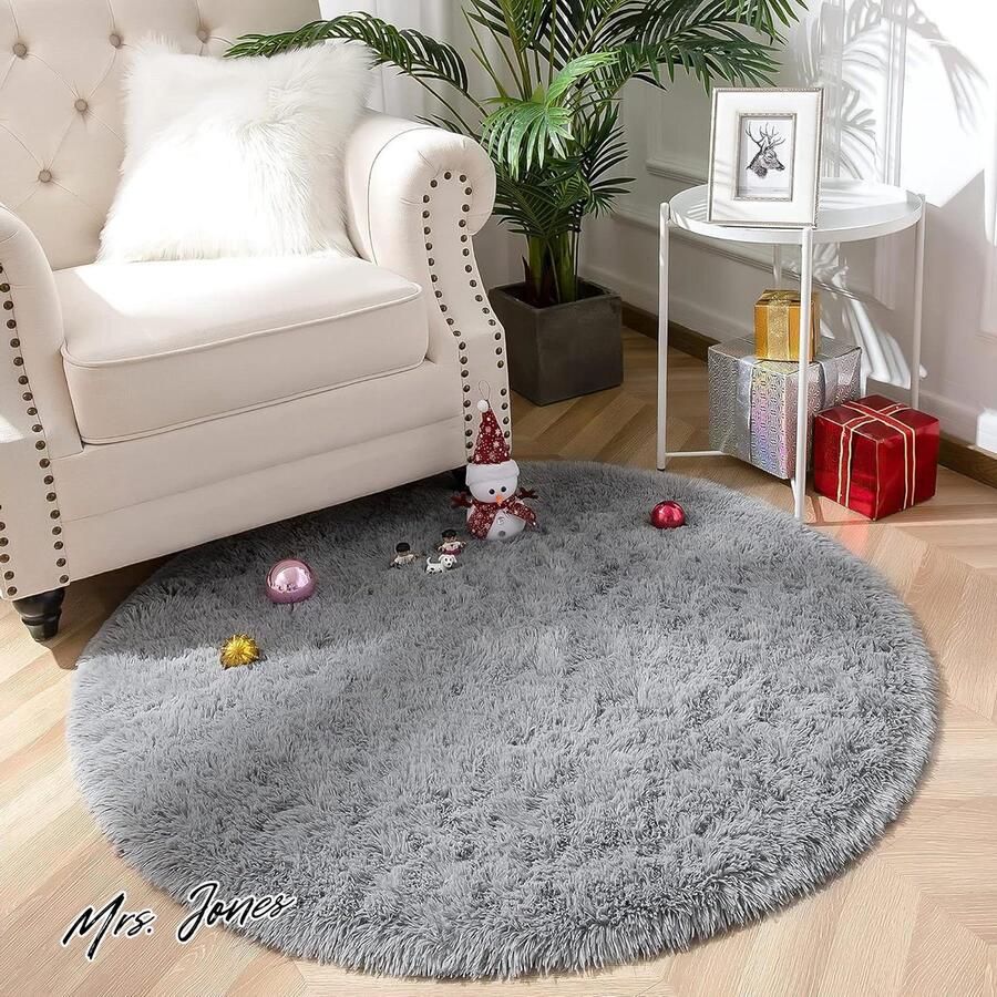 Mrs. Jones VOFUSHON rond shaggy vloerkleed slaapkamer pluche modern binnentapijt kleurrijk batik kunstwol fluweel hoogpolig bont-look gezellig kleed bij bed bank (grijs 150)