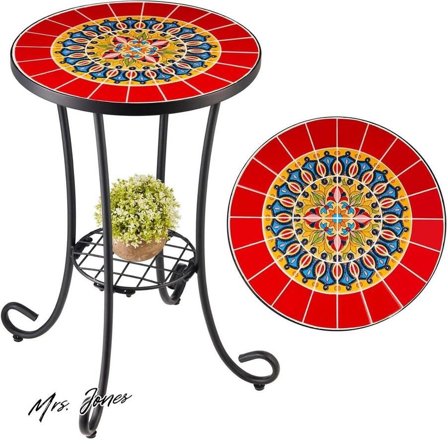 Mrs. Jones VONLUNCE Mozaiek Bijzettafel Ronde Retro Mozaiektafel Metalen Salontafel 355x545cm Bloemenkruk Plantenstandaard Bloemenrek met Mozaiek Top 14 (rood)