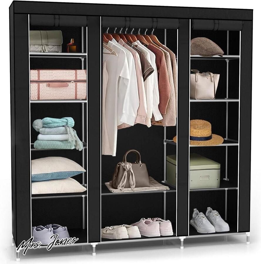 Mrs. Jones Vouwkast 150x175x45 cm in raven zwart met ritssluiting stoffen kast kledingkast kledingstang vakken zijzak camping steekkast textiel garderobe