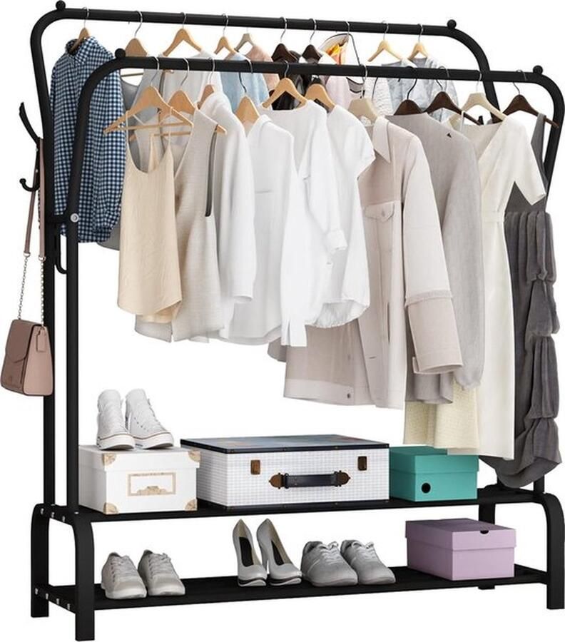 Mrs. Jones Vrijstaand kledingrek met kleerhangers dubbele roeden multifunctioneel metaal metalen stang voor slaapkamer dubbel schap 8 haken