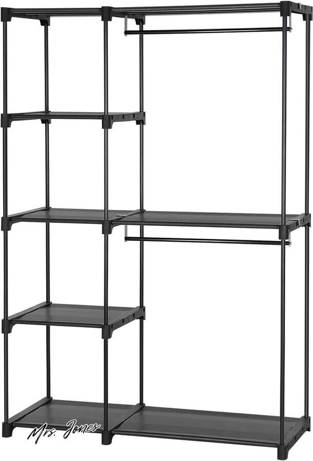 Mrs. Jones Vrijstaande Garderobe Opvouwbaar Kapstok Met Kledingstokken en Opbergruimte Stijlvolle Kleedkamer en Slaapkamer Accessoire Stevig en Praktisch 112 x 43 x 165 cm Zwart