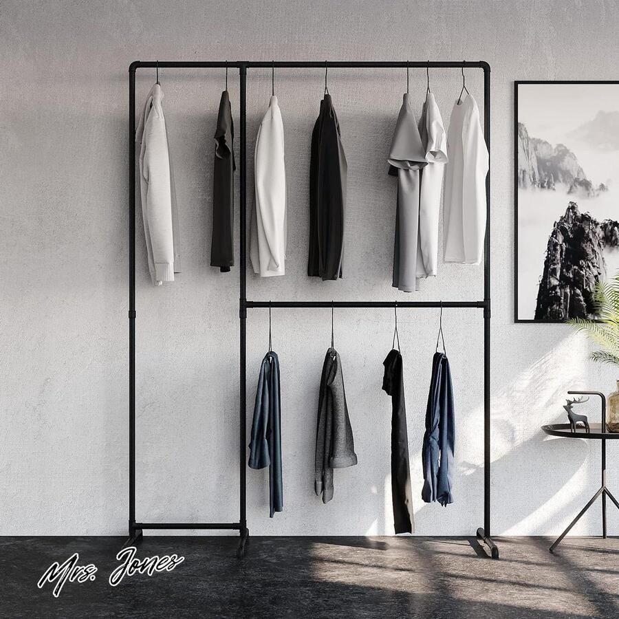 Mrs. Jones Vrijstaande kledingstang industrieel loft design LAS II zwart garderobe inloopbare kledingkast slaapkamer kledingrek stabiele buizen vrijstaand