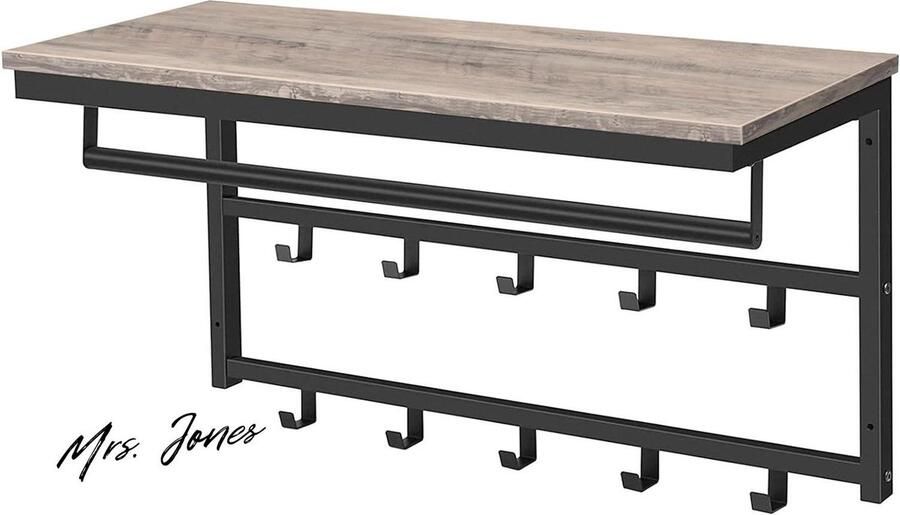 Mrs. Jones Wandgarderobe wandkast met legbord wandrek 10 haken stangen hal woonkamer slaapkamer industriële stijl greige-zwart