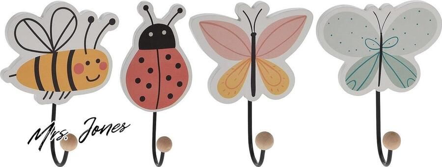 Mrs. Jones Wandgarderobehaken met diermotieven set van 4 houten kinderkledinghaken vlinder bij lieveheersbeestje