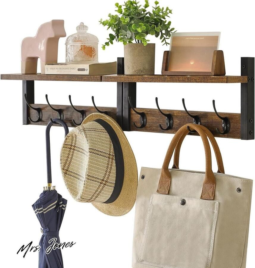 Mrs. Jones Wandgarderobes met plank set van 2 wandrekken in één pakket garderobehaken met 8 dubbele haken 80 cm voor hoeden kleding decoratie in de ingang hal keuken slaapkamer bruin HWS001H-2 opbergoplossing voor thuis organiseren