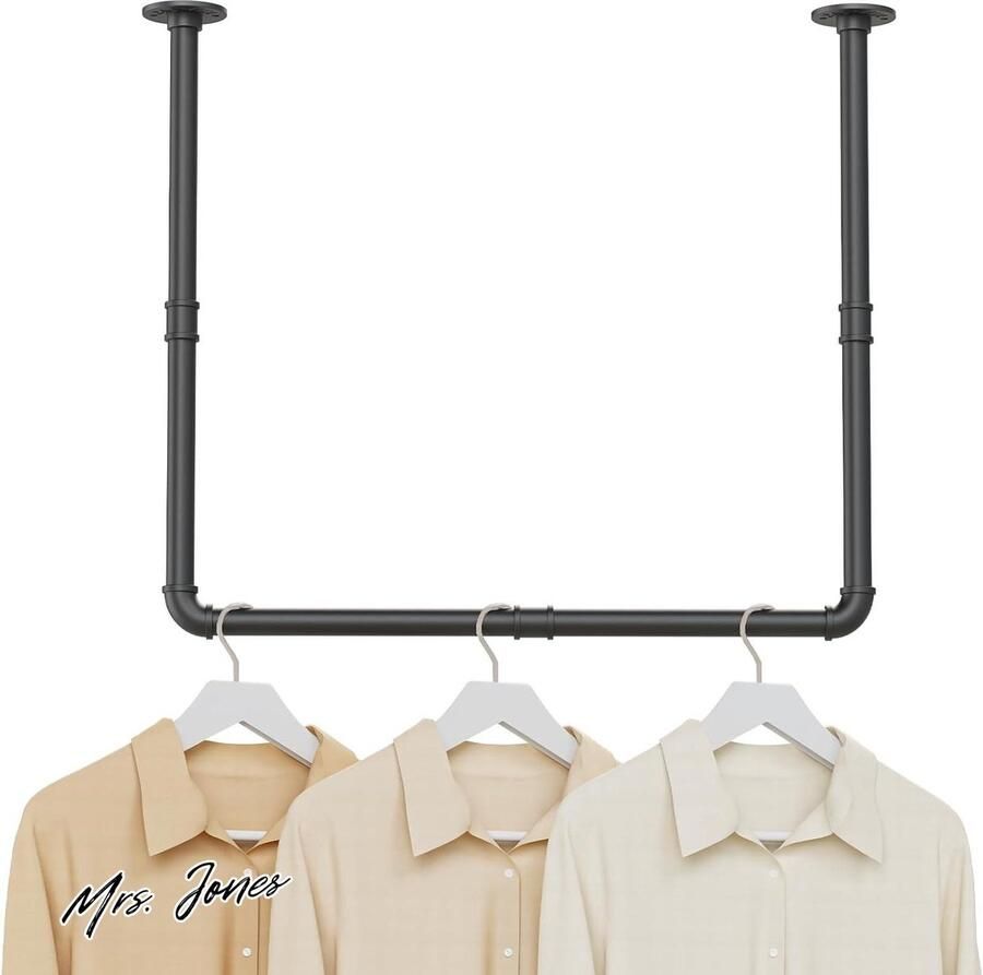 Mrs. Jones Wandgemonteerde kledingstang industriële stalen pijp kledingrek zwaar belastbare muur opgeruimde rail voor kleding multifunctionele hangstang voor wasgoed woonkamer en kast zwart 1 pak