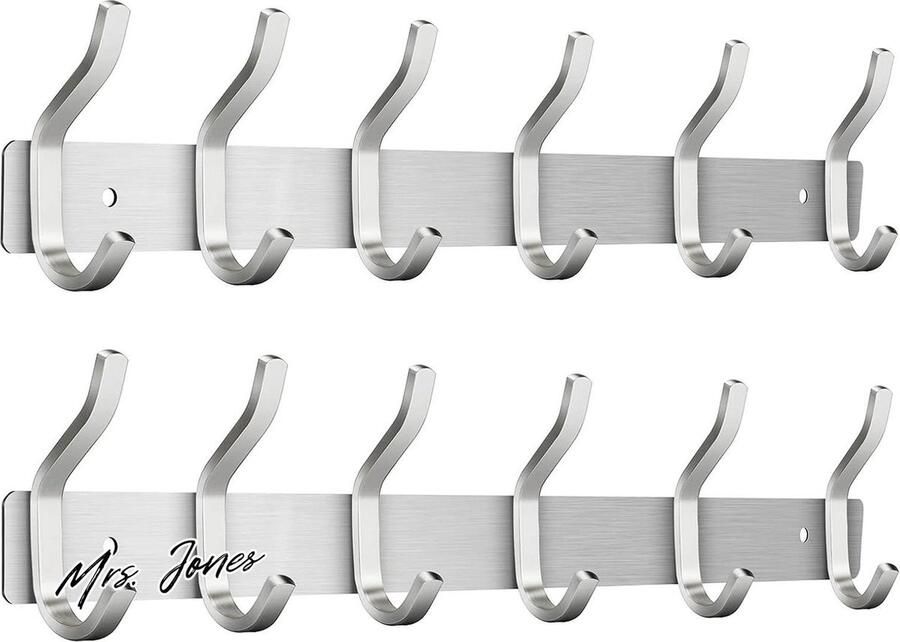 Mrs. Jones Wandkapstok met 6 haken voor handdoeken van roestvrij staal zilverkleurig 2 stuks MEIJO