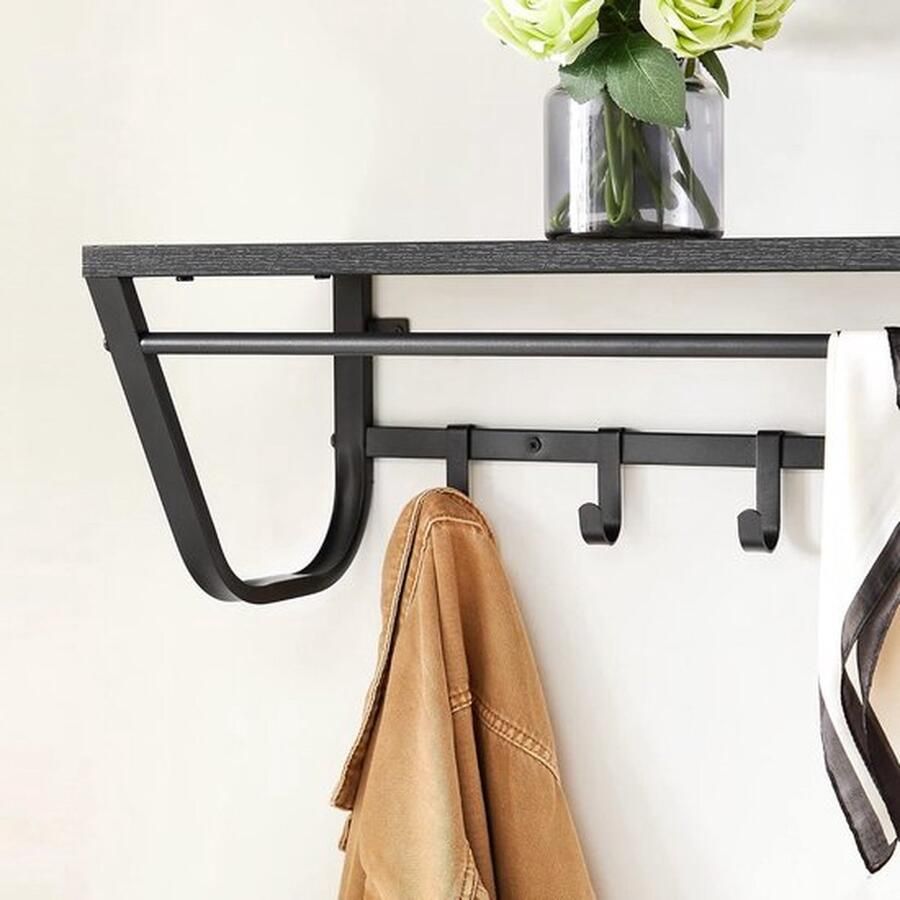 Mrs. Jones Wandkapstok met opbergvak stang en 8 haken metalen frame industriële stijl entree hal slaapkamer badkamer woonkamer zwart