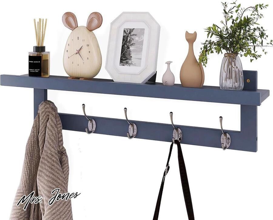 Mrs. Jones Wandkapstok met plank 74 cm bamboe 5 haken grijs badkamer slaapkamer keuken woonkamer mudroom