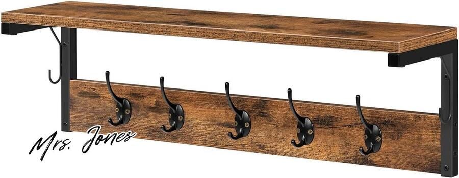 Mrs. Jones Wandkapstok Wandhaak met legplank en 7 haken Wandrek voor hal woonkamer slaapkamer Industriële stijl vintage bruin-zwart