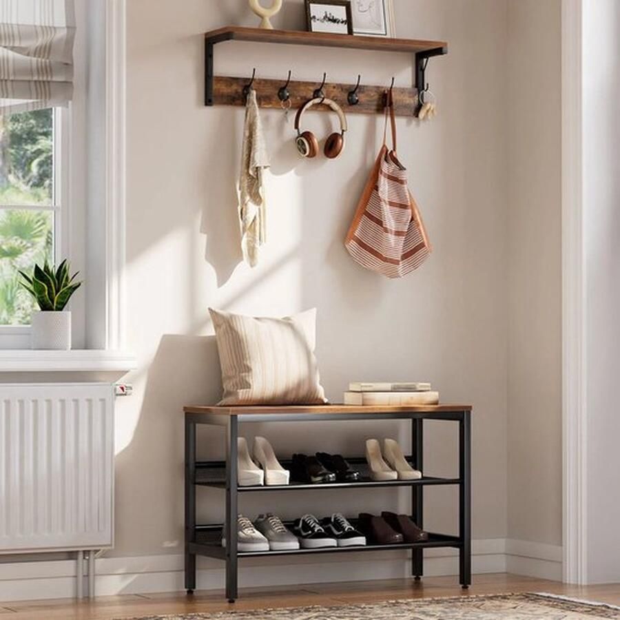 Mrs. Jones Wandkapstok Wandplank Haken Garderoberek Hoedenplank Schoenenrek Handdoekrek Babykamer- 70x15x25 cm Hout Industrieel Bruin zwart