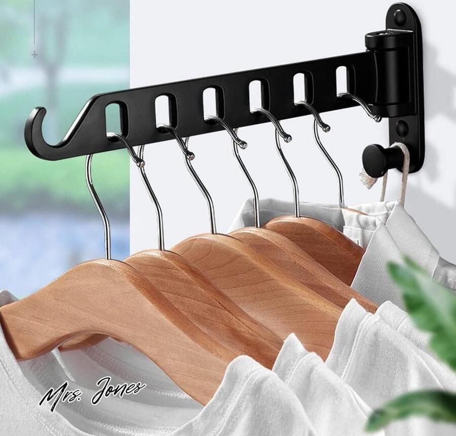 Mrs. Jones Wandkledingstandaard inklapbaar 180 graden draaibare kledinghaken kledingstang wandhaken haaklijst garderobehaken kledingventilator voor balkon wasruimte badkamer zwart inklapbaar 180 graden draaibaar 1 stuks