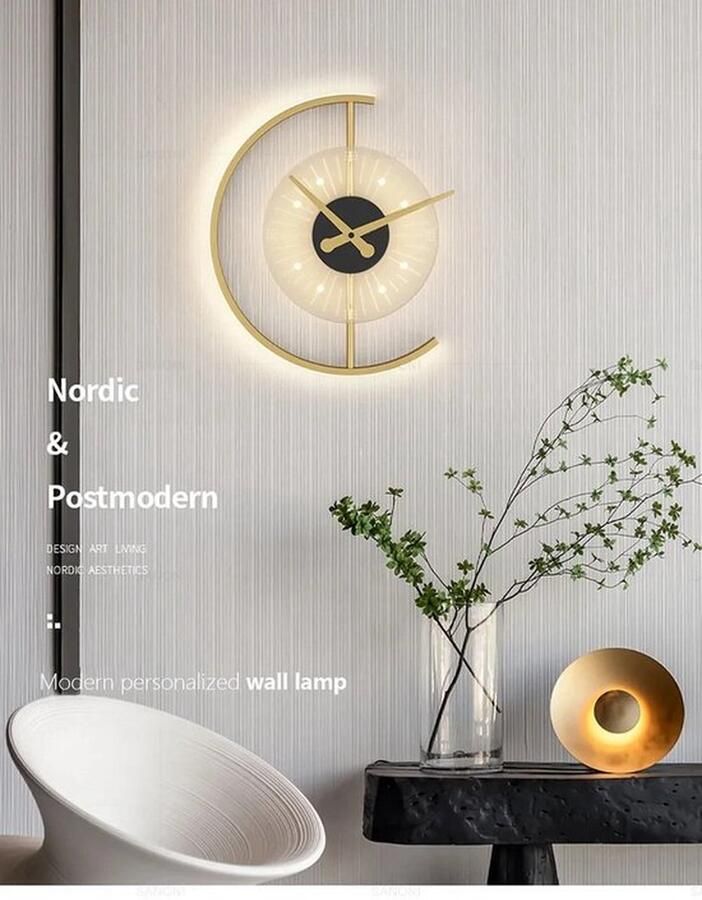 Mrs. Jones Wandklok met LED Woonkamer decoratie Luxe Muurklok Wandlamp Goud Moderne Wandlamp Cadeau Tip