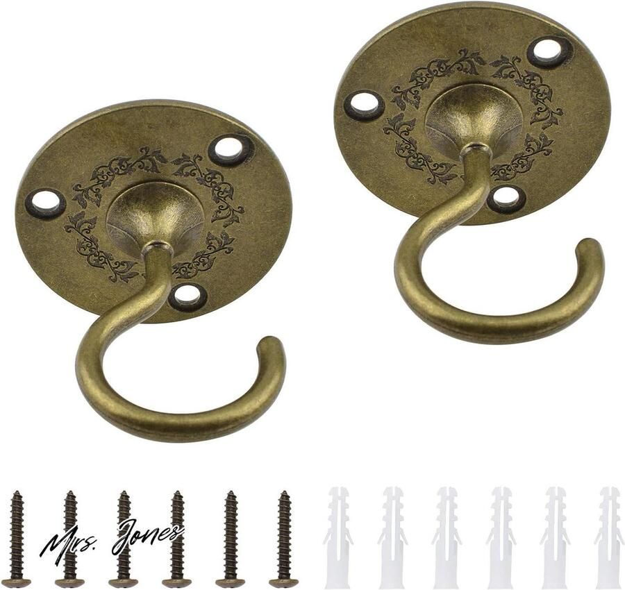 Mrs. Jones Wandmontage plafondhaken 2 stuks stevige hangende kroonluchter plaat haak antieke schroef in plafondhaak plafondhaken voor hangende planten antiek