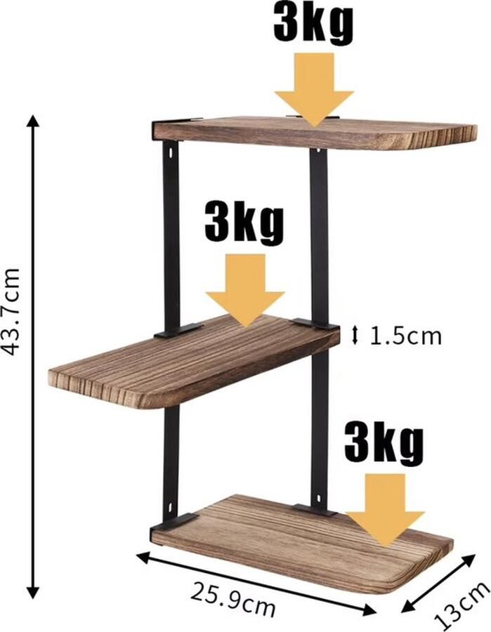 Mrs. Jones Wandplank Wandrek Wandplank hout 3 planken Hoek plank Industrieel Hout en metaal