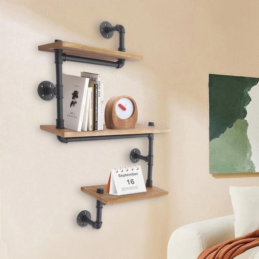 Mrs. Jones Wandplanken Wandrek Industrieel 3 planken 40 60 40 cm lang hout set