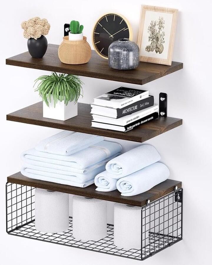 Mrs. Jones Wandrek Rek voor aan de Muur Set van 3 Plank 42 x 21 cm Keukenrek Muur met Draadmand Zwevend Rek van Hout Voor Woonkamer Werkkamer Keuken Badkamer Vintage Bruin