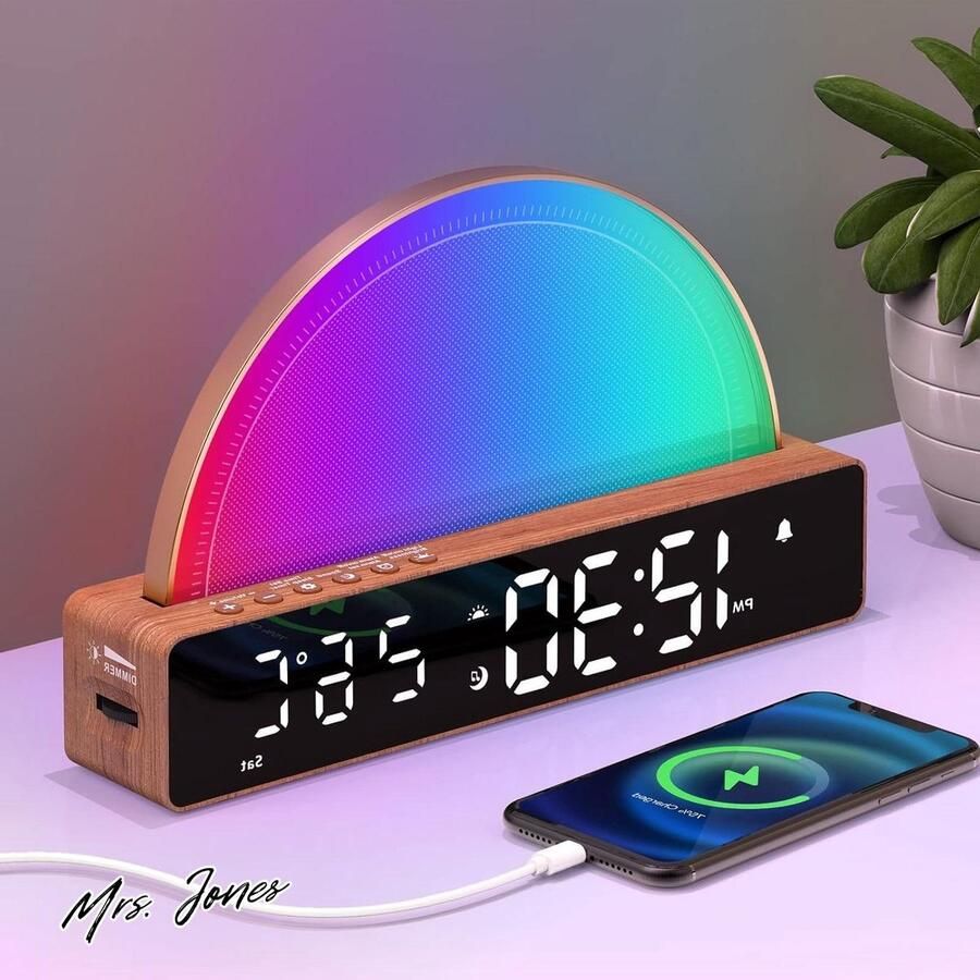 Mrs. Jones Wekker met licht wake-up lichtwekker witte ruismachine dimbare tafellamp 10 slaaphulp geluiden snooze timer temperatuurweergave USB-laadstation cadeau voor Kerstmis