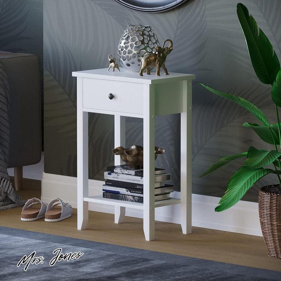 Mrs. Jones Windsor Consoletafel met 1 lade en plank wit hout meubelstuk voor hal woonkamer slaapkamer en kleedkamer