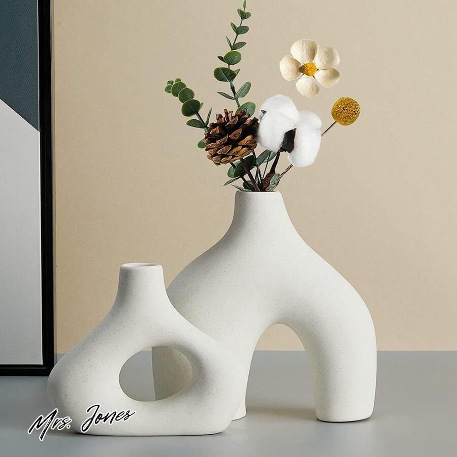 Mrs. Jones Witte keramische vaas set van 2 dubbele vazen voor moderne boho Nordic minimalistische stijl decoratie vazen voor woonkamer bruiloft diner tafel feest kantoor en slaapkamer