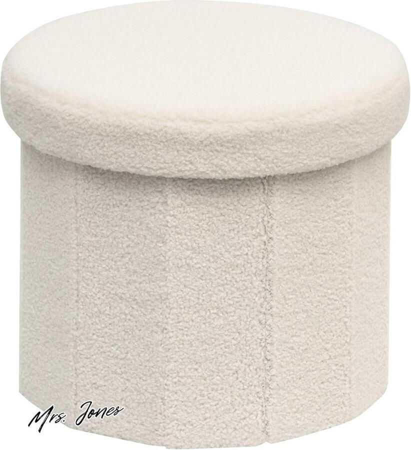 Mrs. Jones Collection Opvouwbare kruk Wit Opbergruimte Speelgoedkist Teddy Ronde voetensteun 38x38x33.5 cm