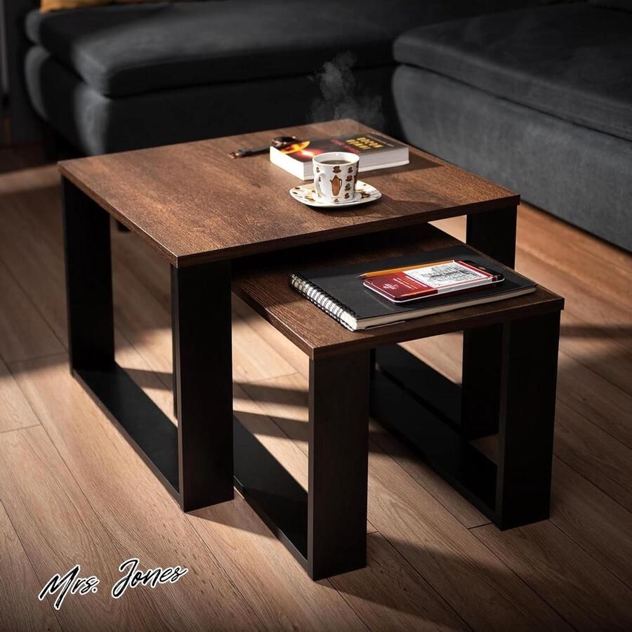 Mrs. Jones Woonkamer Tafel Set Van 2 Houten Salontafels In Verschillende Maten Met Zwart Frame En Houten Blad Bijzettafels Voor Woonkamer Set Coffee Table Side Table