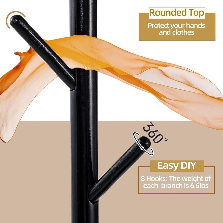 Mrs. Jones Yawinhe Kapstok Massief Hout Boomvorm Antislip Pad 180cm Hoogte 8 Haken 3 Verstelbare Hoogtes Entree Woonkamer Zwart