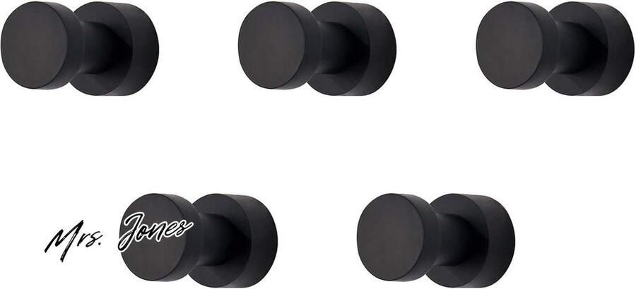Mrs. Jones Zelfklevende haken robuuste muurhaken handdoekhaken voor aan de wand van badkamer keuken deur kast messing 5 stuks (zwart) met extra bevestigingsmateriaal