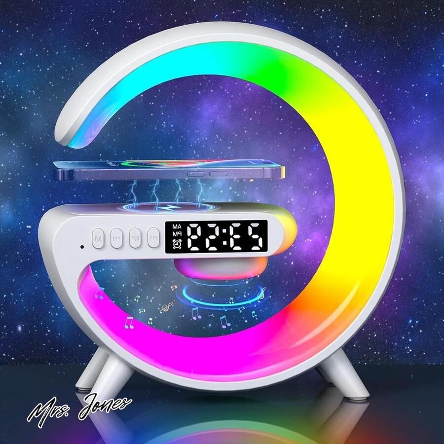 Mrs. Jones Zinueen Sfeerlamp draadloze oplader ledlamp oplaadfunctie 5-in-1 bluetooth-luidspreker 7 kleuren bureaulamp volwassenen kinderen kantoor slaapkamer wit