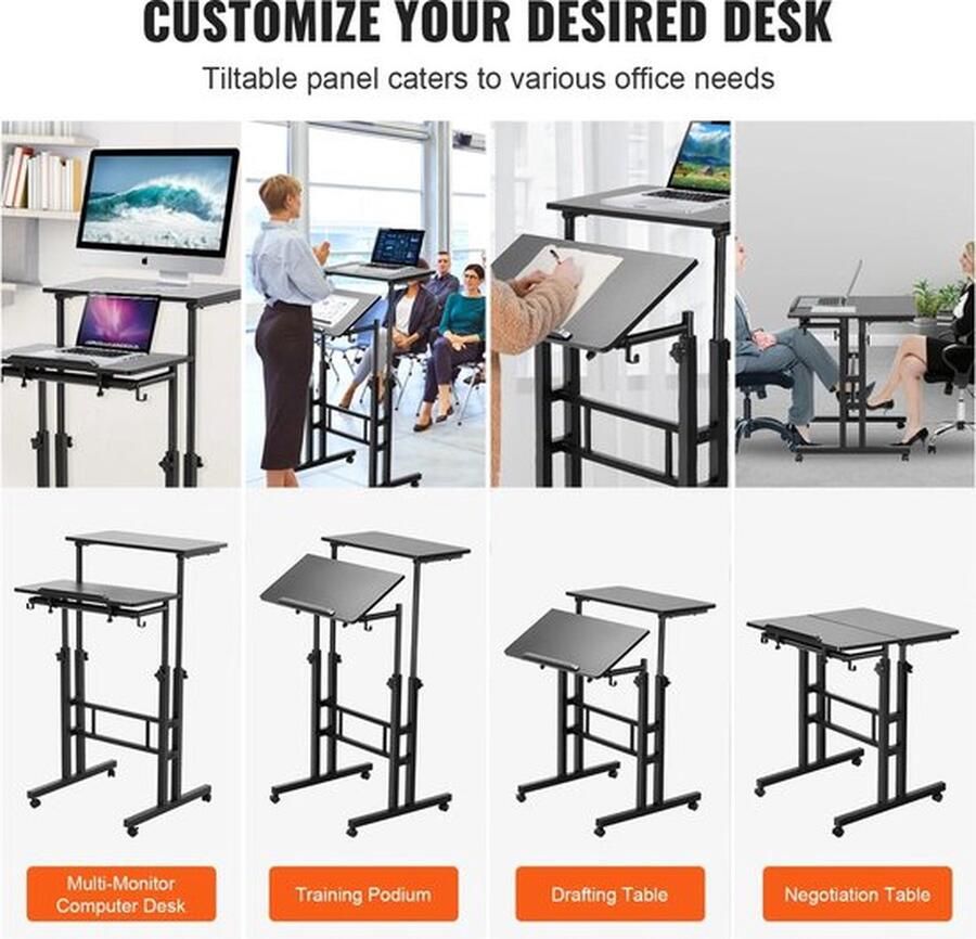 Mrs. Jones Zit Sta Bureau Verstelbaar bureau 26.4 -44.9 Gasveer In Hoogte Verstelbare Sit-Stand Bureau Met 360 ° Draaibare Wielen Home Office Rolling Laptop Tafel Kantelbaar