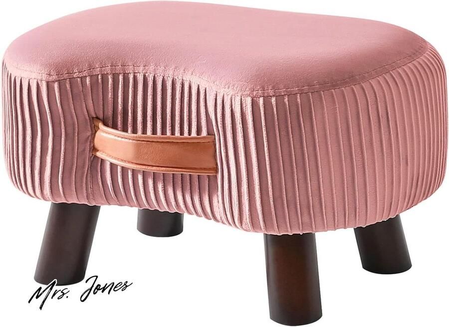Mrs. Jones Zitbank met handvat gebogen opstapkruk met zacht zitkussen gevoerde kruk van fluweel massief hout ruimtebesparend voor woonkamer slaapkamer 40 x 28 x 23 cm roze