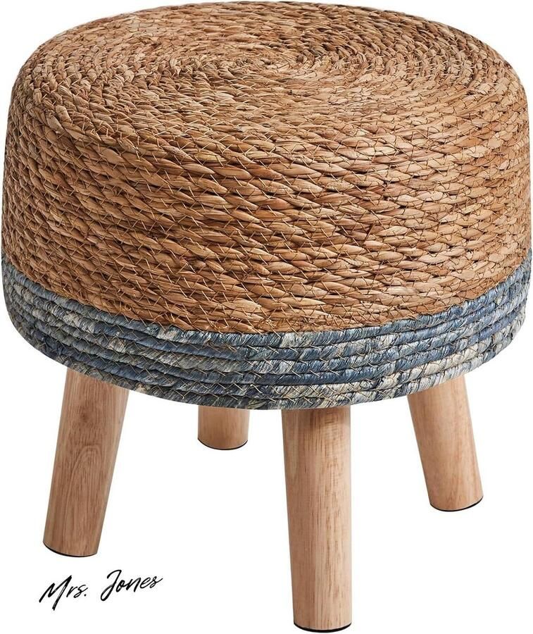Mrs. Jones Zitkruk voetenbank natuurlijk zeegras dennenpoten landelijke stijl handgemaakt slaapkamer woonkamer outdoor blauw 32 x 32 x 32 cm HBD027Q zitkruk voetenbank