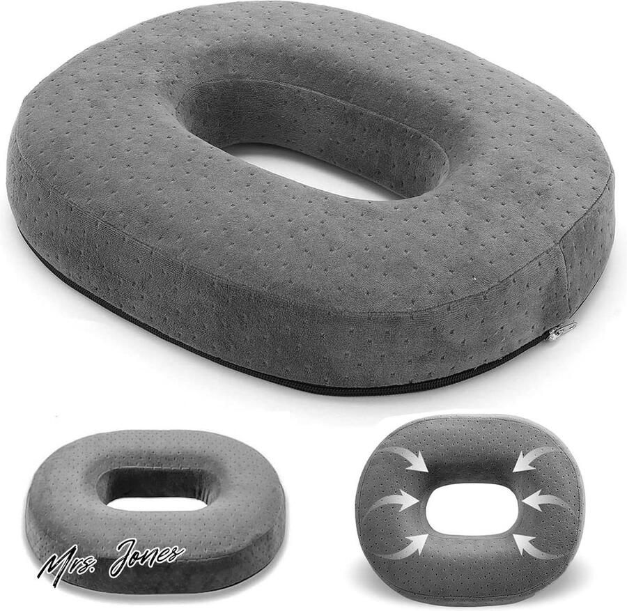 Mrs. Jones Zitkussen rond zitring stuitbeen ontlasting 38 x 30 x 7 cm traagschuim stoelkussen donut kussen voor kantoor auto sofa bureaustoel hulp bij aambeien tussenwervelschijven grijs