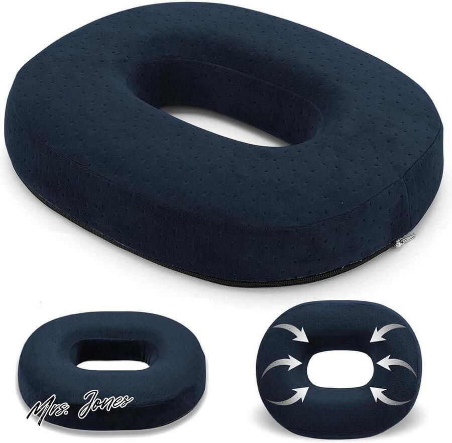 Mrs. Jones Zitring aambeien-donut orthopedisch rond donutkussen voor dames van traagschuim voor kantoor auto bank bureaustoel 38 x 30 x 7 cm marineblauw