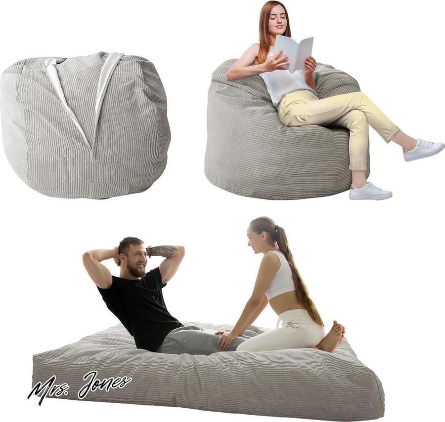 Mrs. Jones Zitzakbed converteerbaar van zitzakstoel tot bed grote bank met zachte hoes en pluizige vulling inbegrepen voor volwassenen koppels gast (grijs queen)