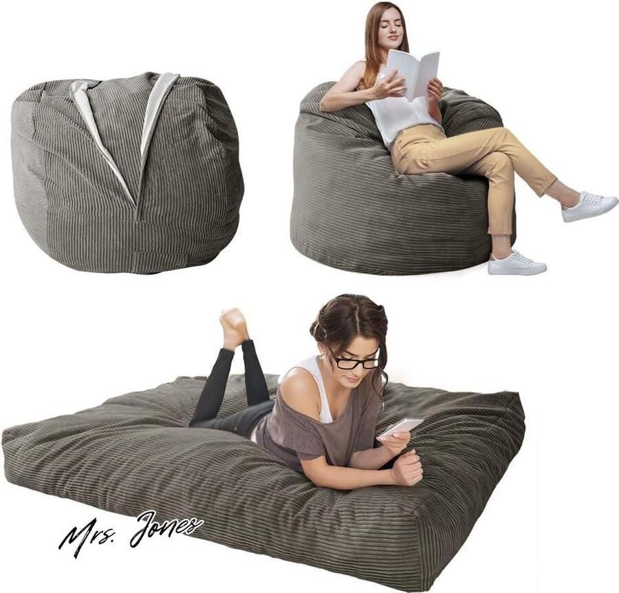Mrs. Jones Zitzakstoel converteerbare stoel zitzak bed grote bank zachte microvezelbekleding lounge gamingstoel antraciet vol