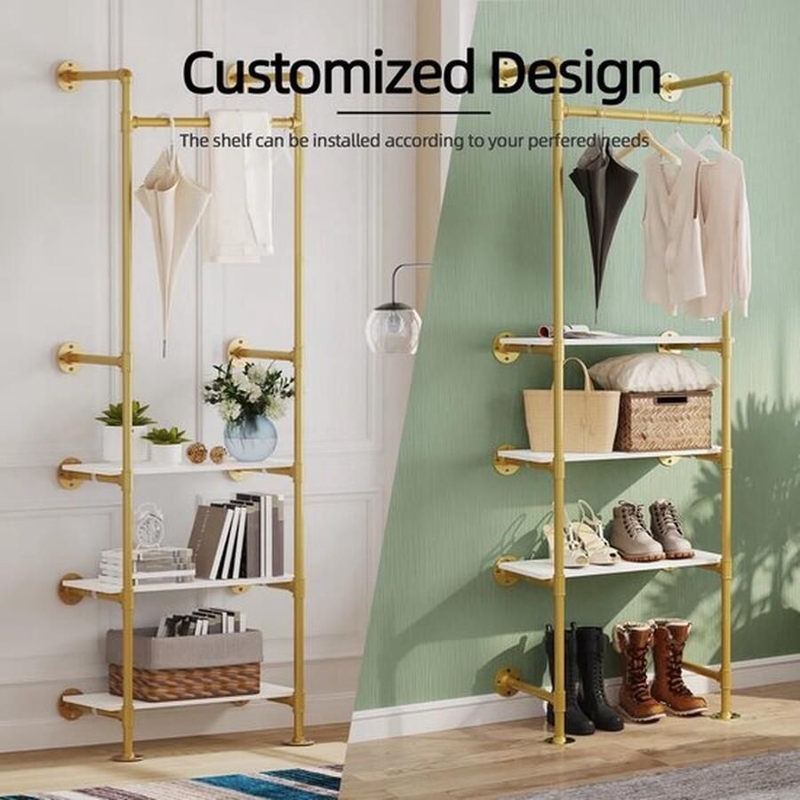 Mrs. Jones Zware Industriële Pijp Kleding Rail Goud en Wit Open Garderobe Schoenenrek Muur Gemonteerd Kledingrek Met 3 Planken