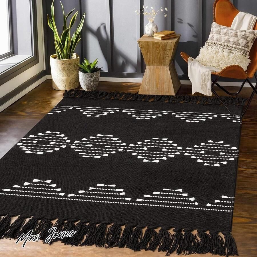 Mrs. Jones Zwart-wit woonkamertapijten 90 x 150 cm vintage boho handgeweven kwastje vloerkleed_EOF