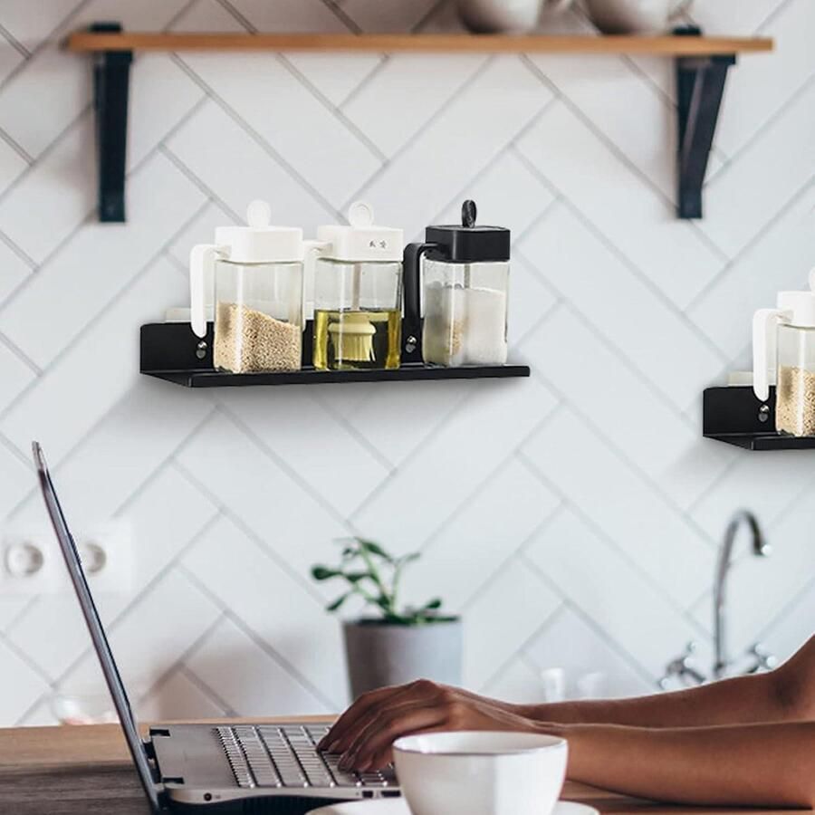 Mrs. Jones Zwarte Metalen Wandplanken 2 Stuks Stalen Wandplanken Badkamer Keuken Woonkamer Slaapkamer Kantoor (20cm)