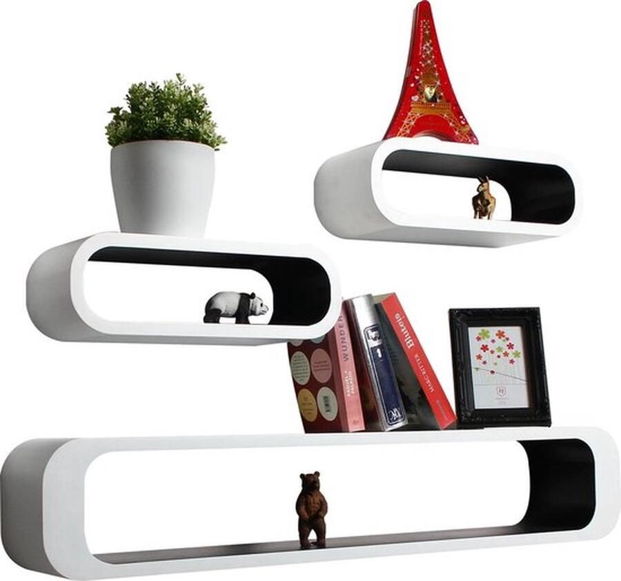Mrs. Jones Zwevende boekenplank Wandplank Wandrek Boekenrek Set van 3 stuks Wit zwart 1 stuk 95 x 17.5 x 16 en 2 stuks 40 x 13 x 16