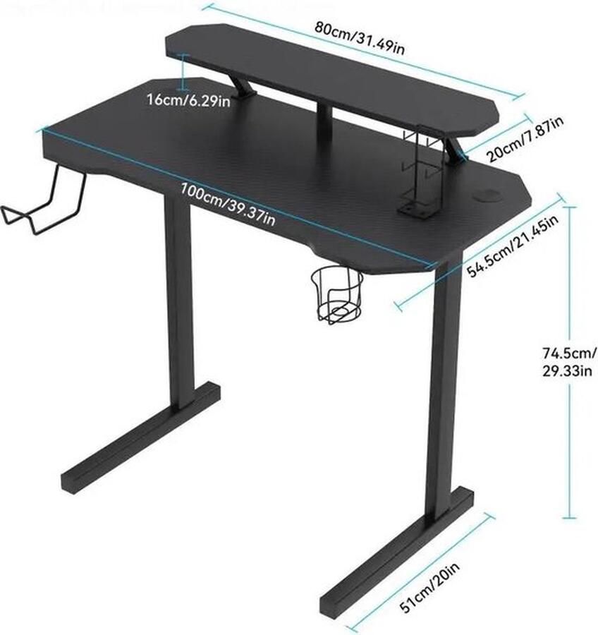 Mrs.Jones Mrs. Jones Bureau Zwart Hout Studiebureau Werkbureau Gamebureau 100x54 5x74 5cm Met Plank Huiskamerbureau Bureau