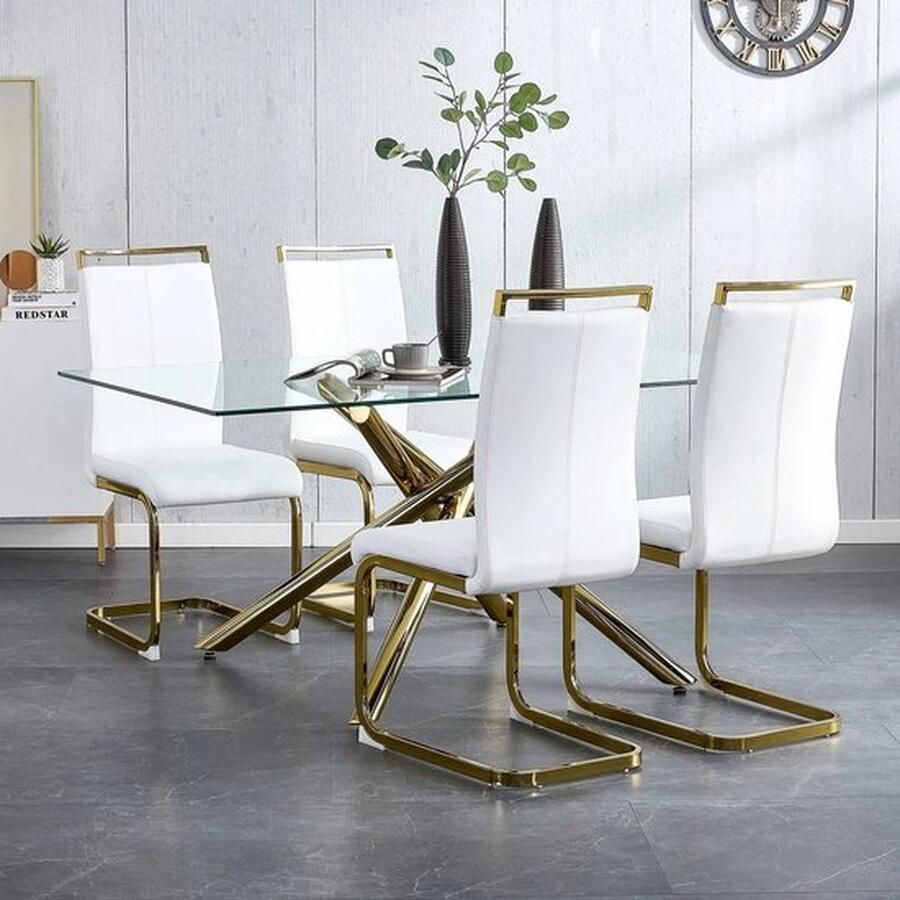 Mrs.Jones Mrs. Jones Stoelen Set van 4 Eetkamerstoelen Metaal Kunstleer Wit Goud Modern Keuken Woonkamer PU Waterdicht 54x42 Cm