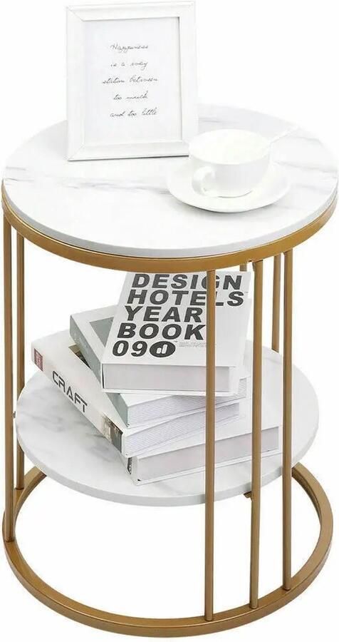MS Bijzettafel Koffietafel Side table Ronde tafel Gouden ijzeren frame Marmer tafelblad wit Functioneel Dubbellaags L 40 x B 40 x H 54cm