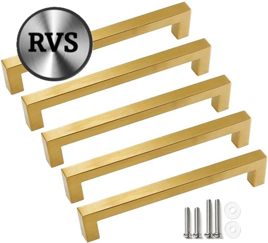 MSQDESIGN Handgreep Goud RVS Handgrepen Goud 192 mm 5 stuks Handgrepen kast Meubelgrepen Keukengreep Goud Kastgrepen Handgrepen keukenkastjes Meubelgreep Handgrepen voor deurtjes handgreep keuken Deurgreep ladegreep incl schroeven
